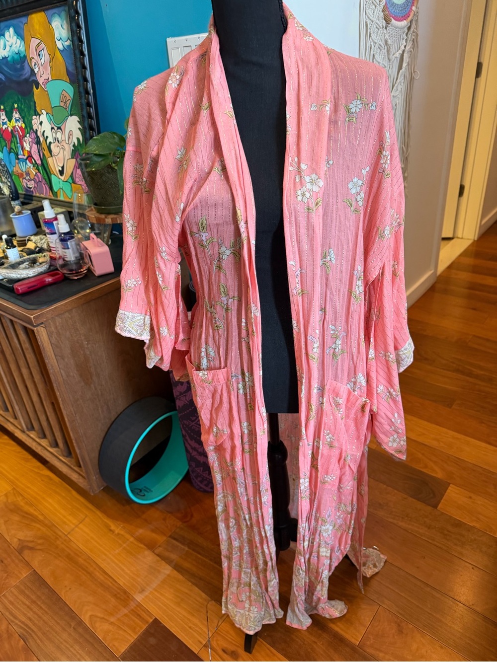 Spell Pink Floral Long Kimono Robe with Pockets